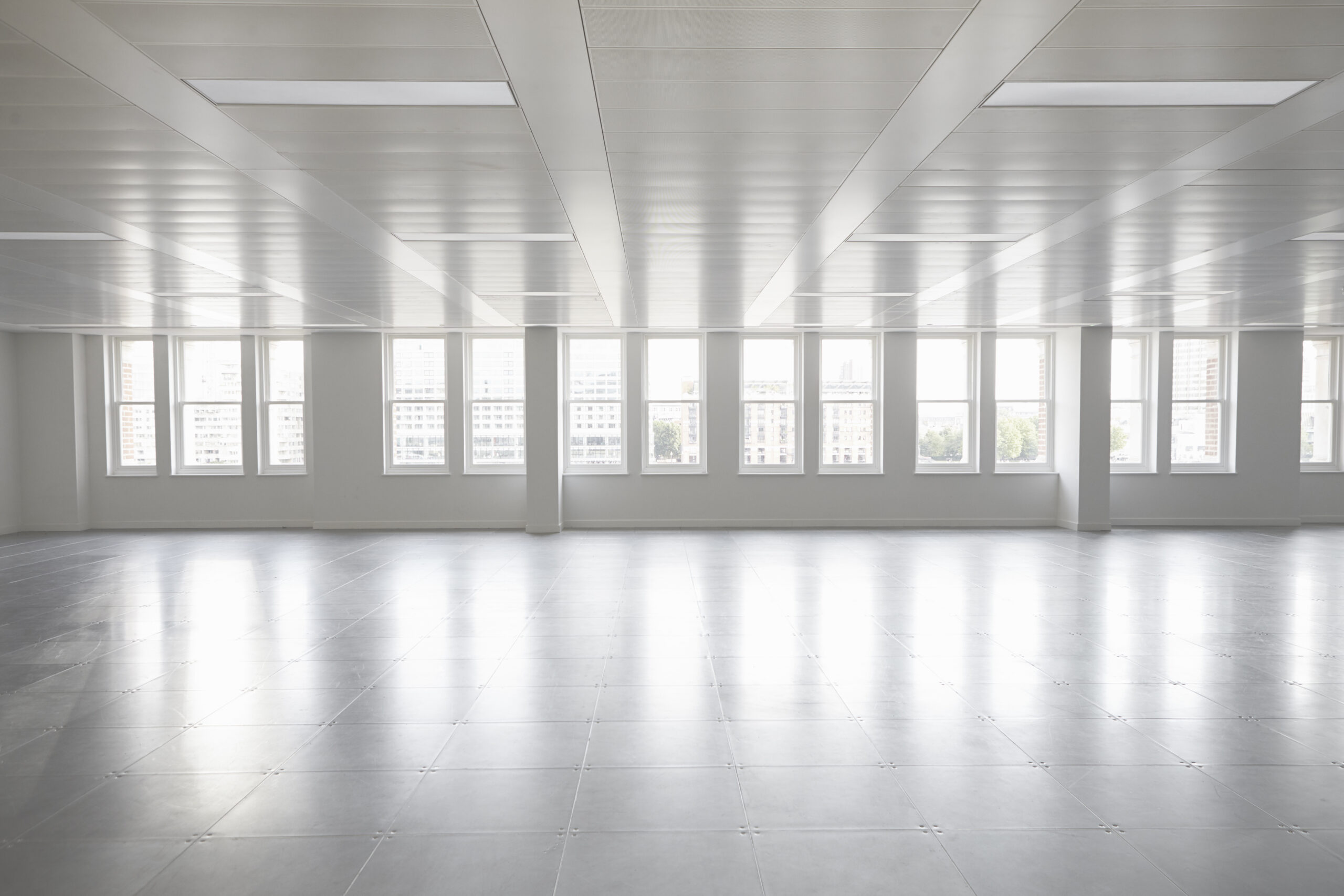 Open-plan commercial office interior in a New Jersey building following mold remediation